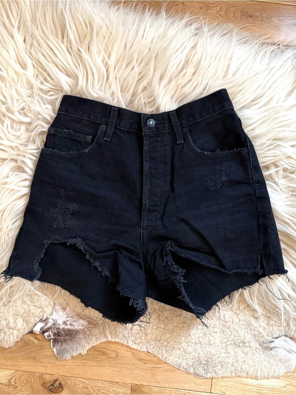 AGOLDE Black Distressed High-Rise Denim Shorts